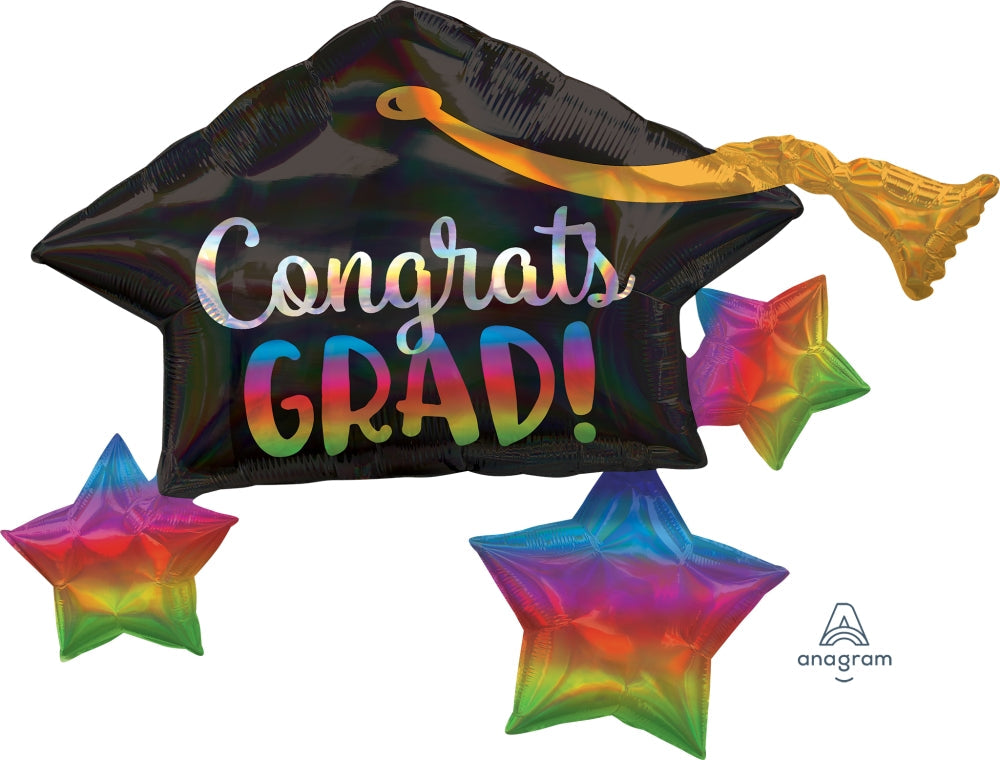 34" Iridescent Grad Cap & Stars Foil