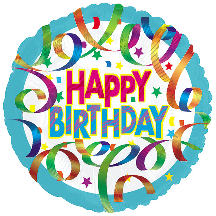 18" Happy Birthday Blue Swirled Ribbon