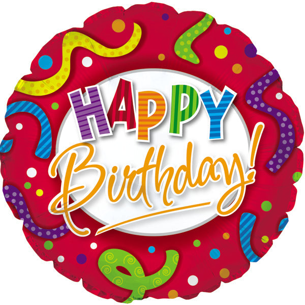 18" Happy Birthday Rd Stripes & Dots