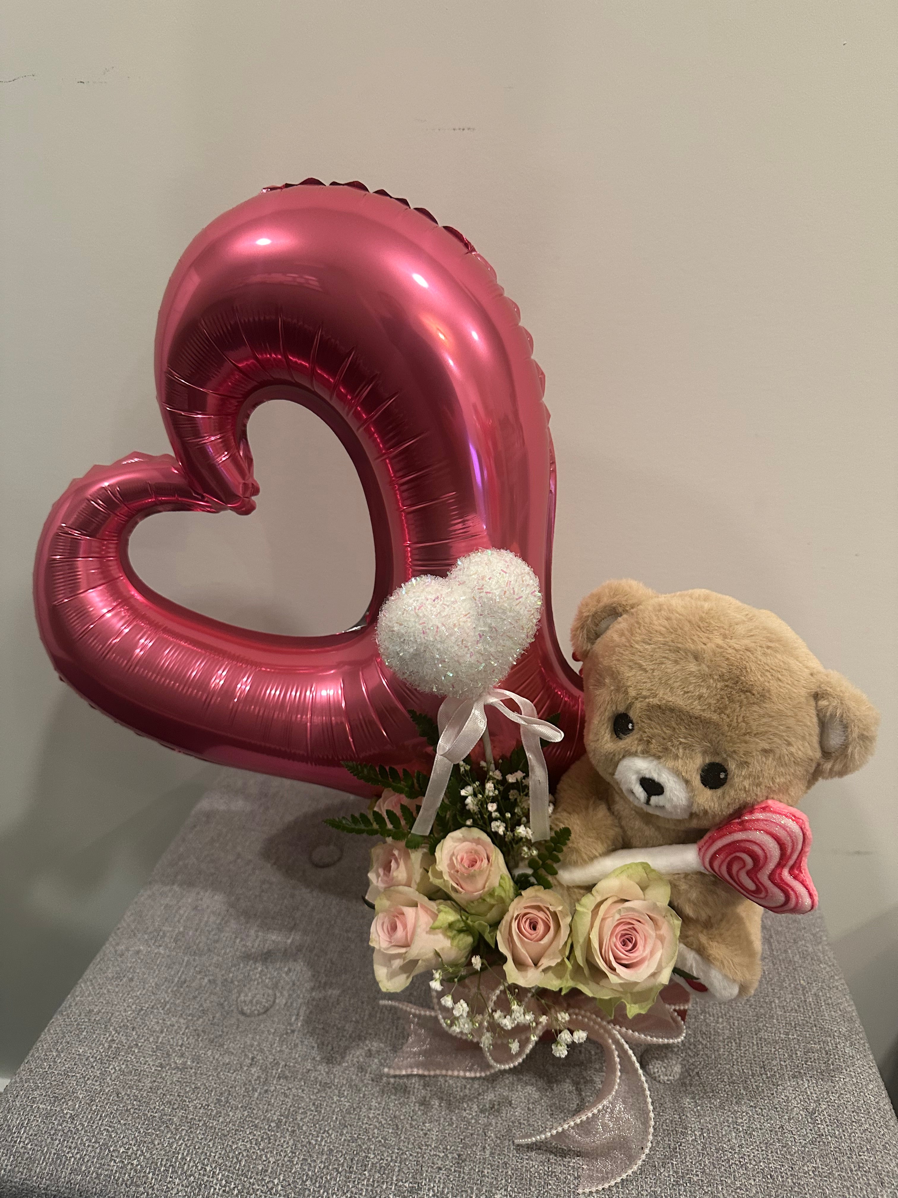Valentine's Day Basket with Roses & Foil Balloon